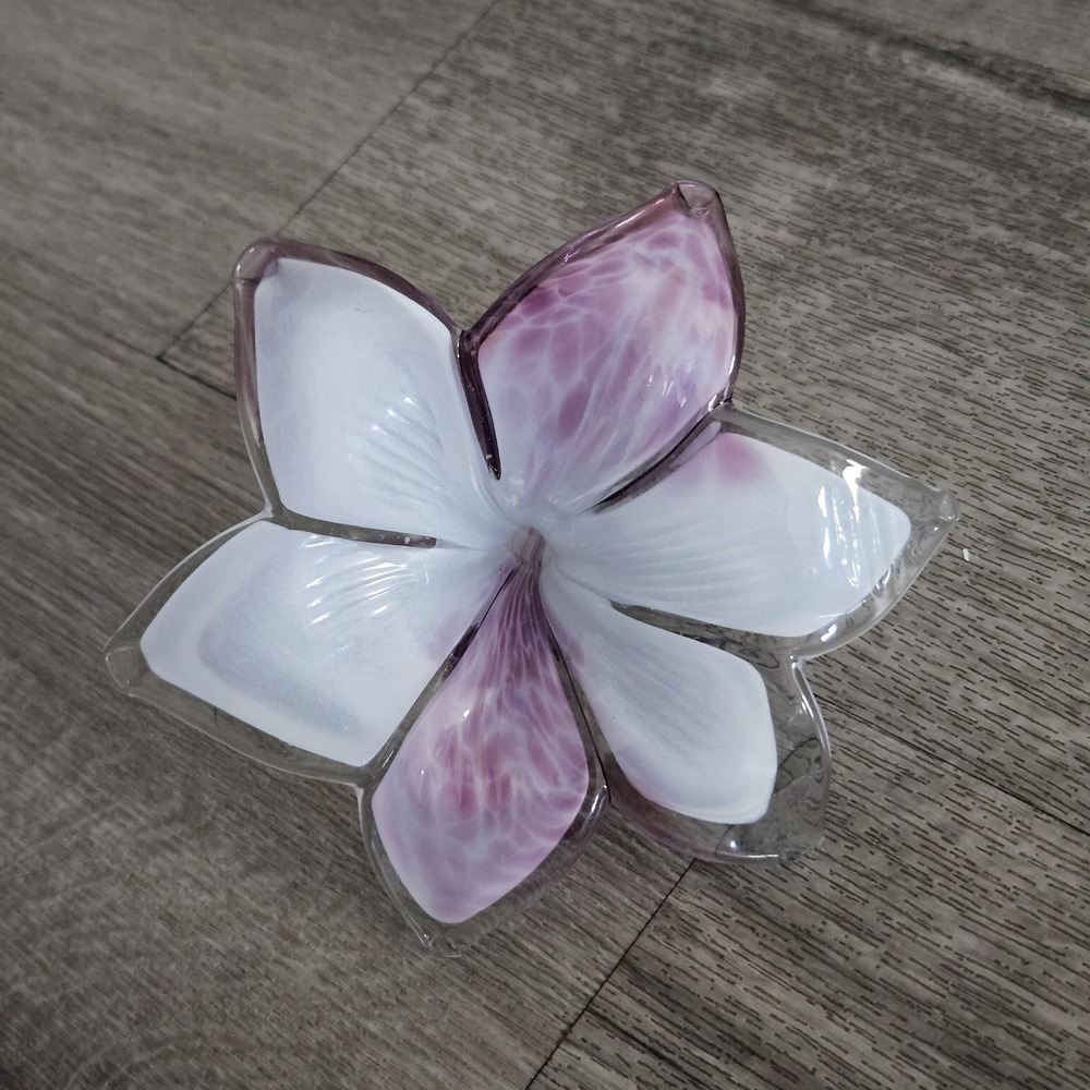 hand blown white and purple glass flower with curly stem